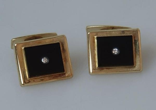 Manschettenknöpfe / Cufflinks 585 Gold mit Onyx und Brillanten, Gewicht: 12,5g