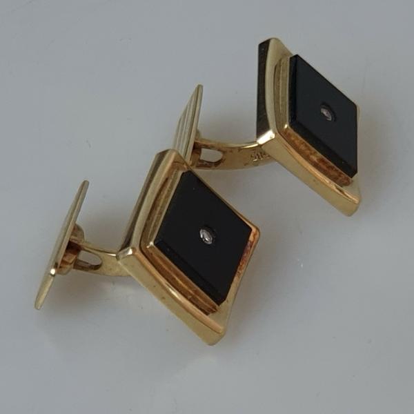 Manschettenknöpfe / Cufflinks 585 Gold mit Onyx und Brillanten, Gewicht: 12,5g