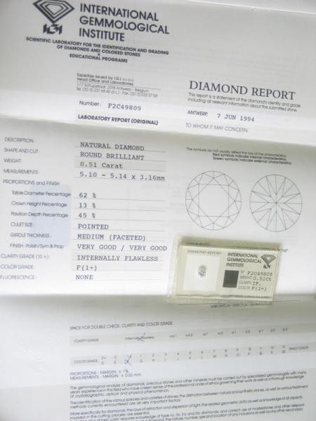 Diamant im Brillantschliff "F" 0.51 ct / IF/ Very Good / Very Good / mit IGI Report