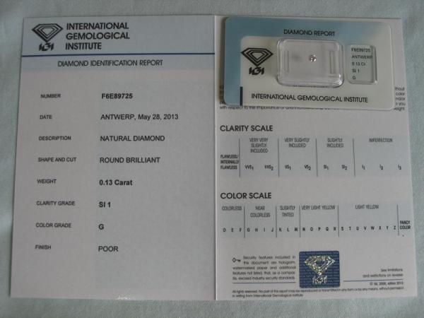 Diamant im Brillantschliff 0.13 ct / SI1 / G / Poor / mit IGI Report