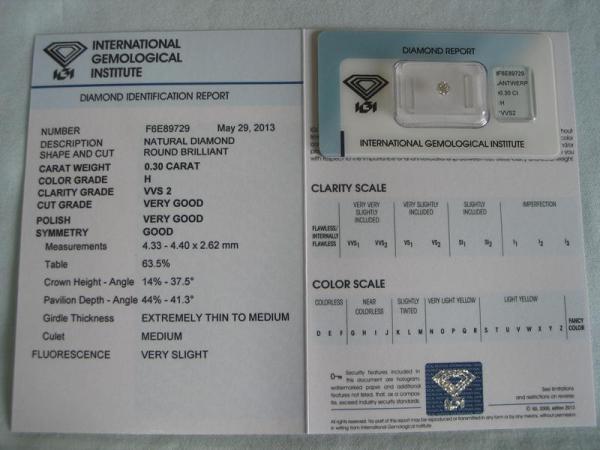 Diamant im Brillantschliff 0.30 ct / VVS2 / H / VG/ VG / G/ mit IGI Report