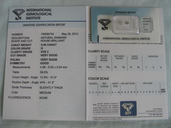 Diamant im Brillantschliff 0.46 ct / VVS2 / G / VG / VG / G / mit IGI Report