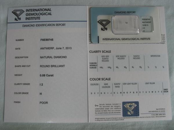 Diamant im Brillantschliff 0.08 ct / I2 / H / Poor / mit IGI Report