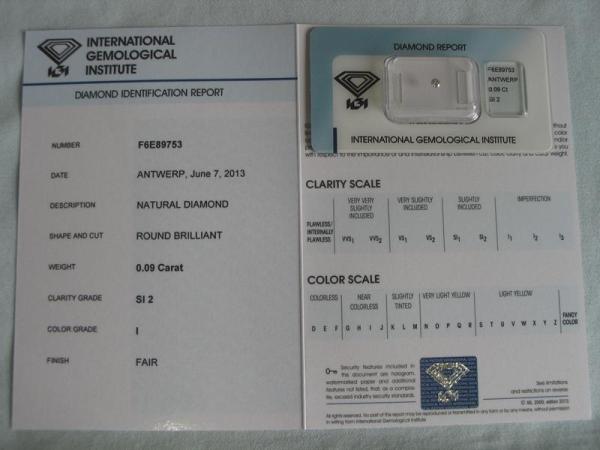 Diamant im Brillantschliff 0.09 ct / SI2 / I / Fair / mit IGI Report