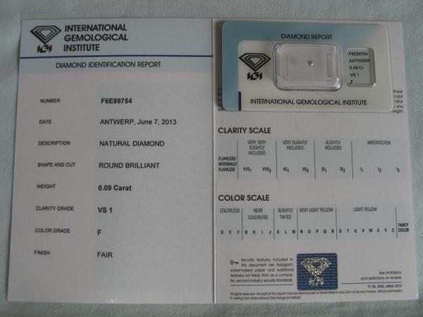 Diamant im Brillantschliff 0.09 ct / VS1 / F / Fair / mit IGI Report