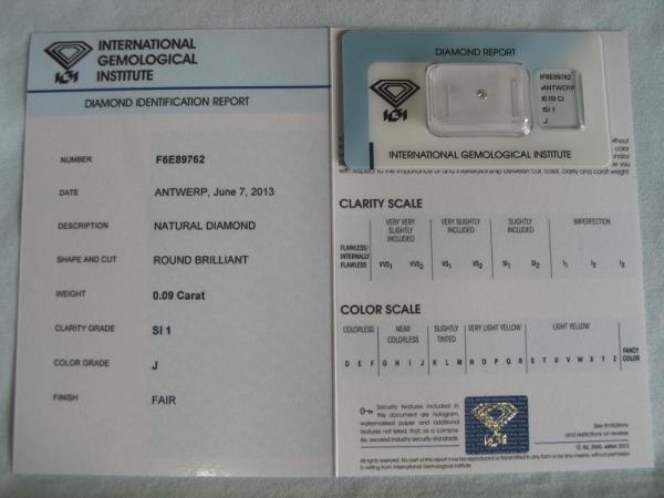 Diamant im Brillantschliff 0.09 ct / SI1 / J / Fair / mit IGI Report