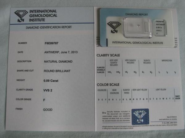 Diamant im Brillantschliff 0.09 ct / VVS2 / F / Good / mit IGI Report