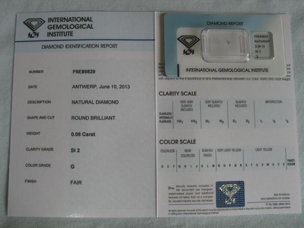 Diamant im Brillantschliff 0.06 ct / SI2 / G / Fair / mit IGI Report