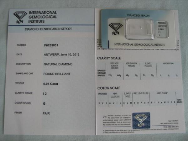 Diamant im Brillantschliff 0.05 ct / I2 / G / Fair / mit IGI Report