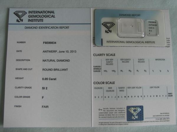 Diamant im Brillantschliff 0.05 ct / SI2 / F / Fair / mit IGI Report