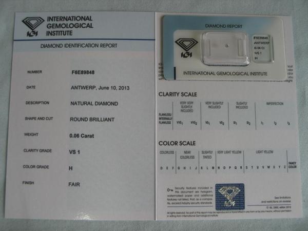 Diamant im Brillantschliff 0.06 ct / VS1 / H / Fair / mit IGI Report