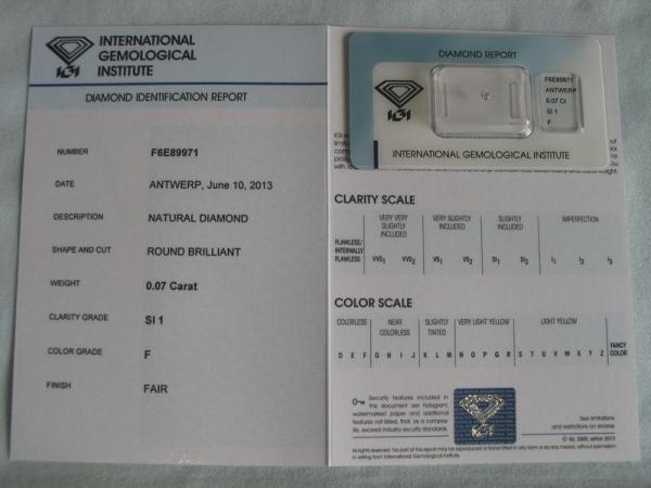 Diamant im Brillantschliff 0.07 ct / SI1 / F / Fair / mit IGI Report