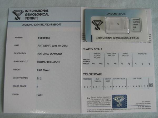 Diamant im Brillantschliff 0.07 ct / SI2 / F / Fair / mit IGI Report