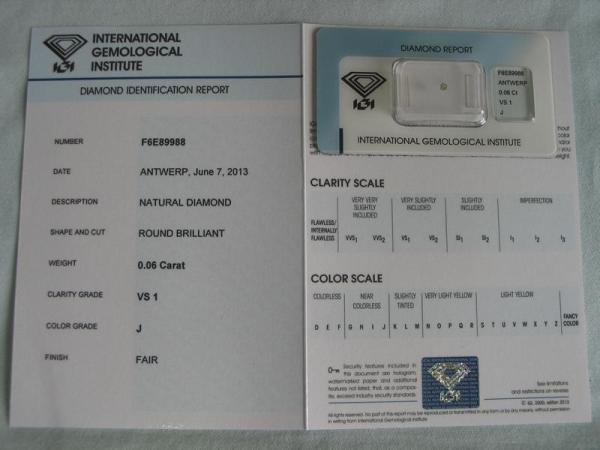 Diamant im Brillantschliff 0.06 ct / VS1 / J / Fair / mit IGI Report