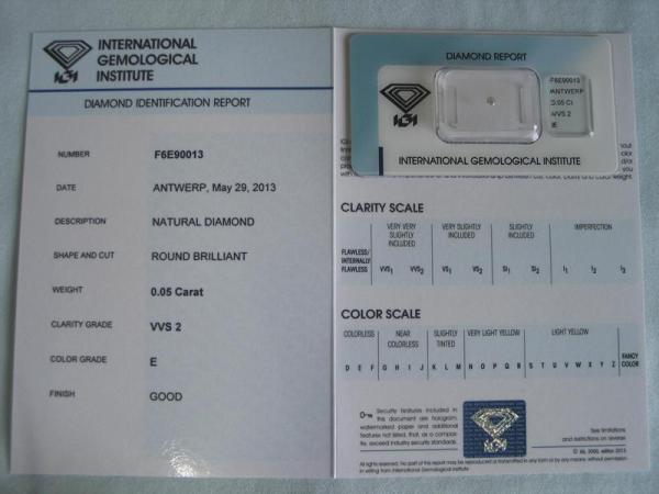 Diamant im Brillantschliff 0.05 ct / VVS2 / E / Good / mit IGI Report