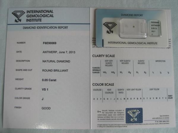 Diamant im Brillantschliff 0.05 ct / VS1 / J / Good / mit IGI Report