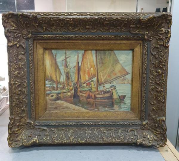 Umberto Zini Gemälde "Boote am Kai" im Rahmen, Schätzpreis 1.040,- EUR