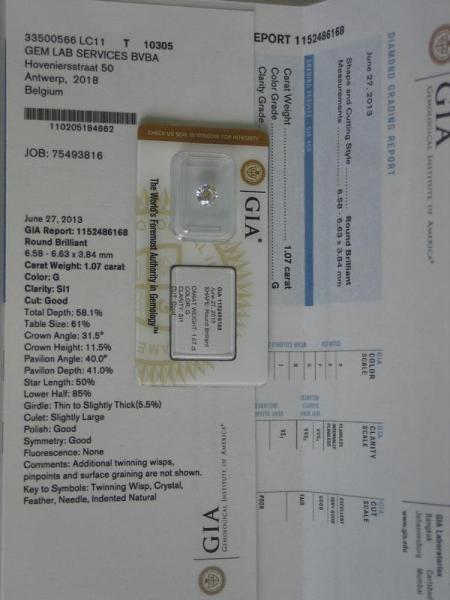 Diamant im Brillantschliff 1.07 ct / SI1, Color: G, G/ G/ G mit GIA Report