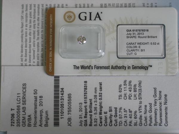 Diamant im Brillantschliff "E" 0.52 ct / SI1 mit GIA Report, Laser Inscription Registry