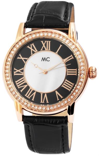 MC Damenuhr mit schwarzem Echtlederband und Schmucksteinlünette